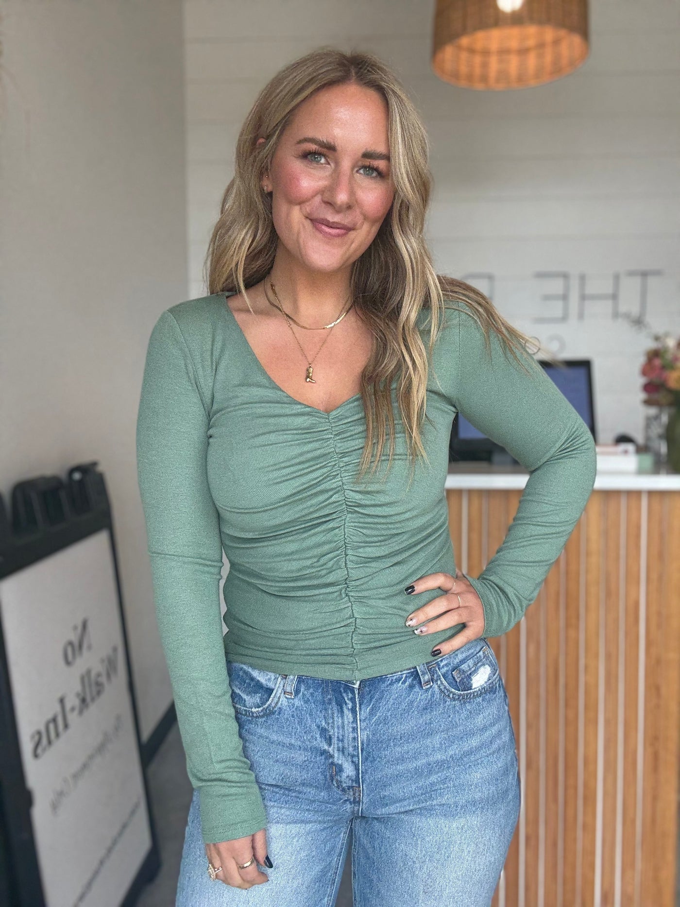 Ruched Sage Green Blouse